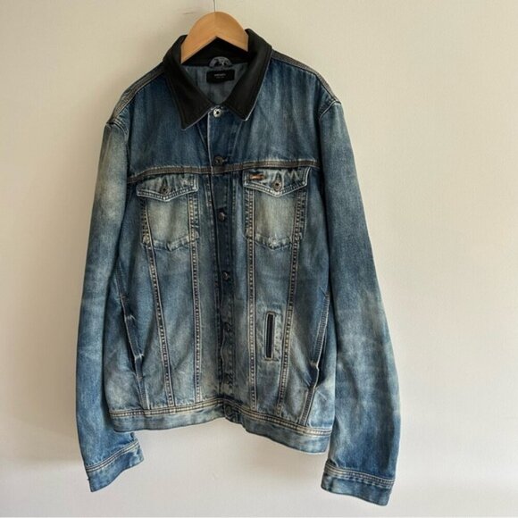 DIESEL Elshar Denim Distressed Jacket Blue Cow Leather Collar Biker - Picture 4 of 15